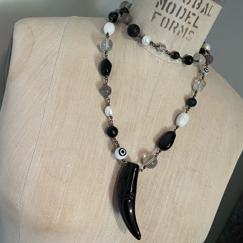 Gemstones Pearls Artisan Wire Wrapped Evil Eye Protection Pendant One Of A Kind